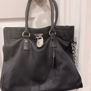 Michael Kors Black Leather Tote with Silver Accents